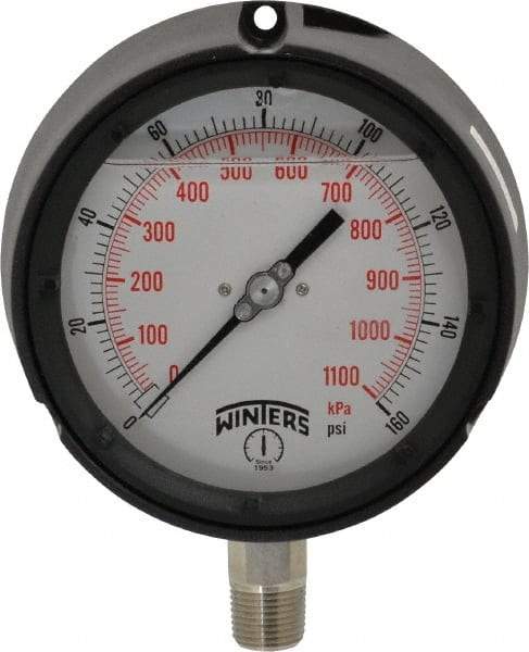 Winters - 4-1/2" Dial, 1/2 Thread, 0-160 Scale Range, Pressure Gauge - Lower Connection Mount, Accurate to 0.5% of Scale - Makers Industrial Supply