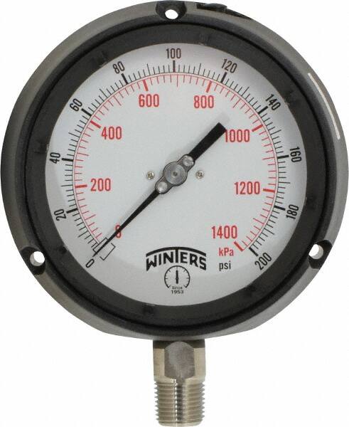 Winters - 4-1/2" Dial, 1/2 Thread, 0-200 Scale Range, Pressure Gauge - Lower Connection Mount, Accurate to 0.5% of Scale - Makers Industrial Supply