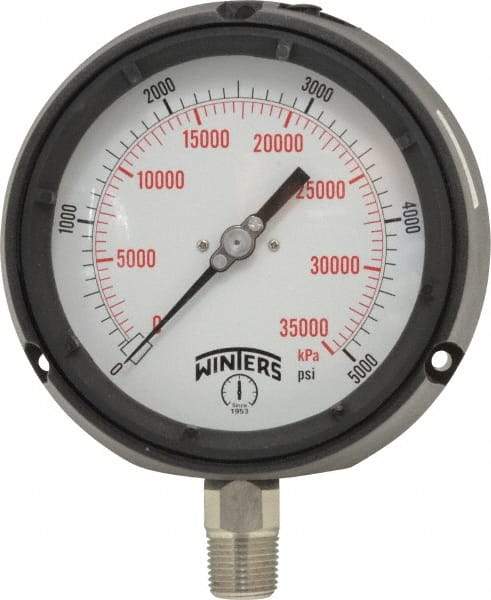 Winters - 4-1/2" Dial, 1/2 Thread, 0-5,000 Scale Range, Pressure Gauge - Lower Connection Mount, Accurate to 0.5% of Scale - Makers Industrial Supply