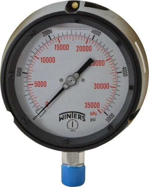 Winters - 4-1/2" Dial, 1/2 Thread, 0-5,000 Scale Range, Pressure Gauge - Lower Connection Mount, Accurate to 0.5% of Scale - Makers Industrial Supply