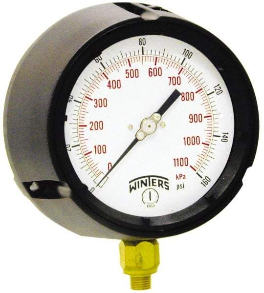 Winters - 4-1/2" Dial, 1/4 Thread, 0-300 Scale Range, Pressure Gauge - Lower Connection Mount, Accurate to 0.5% of Scale - Makers Industrial Supply