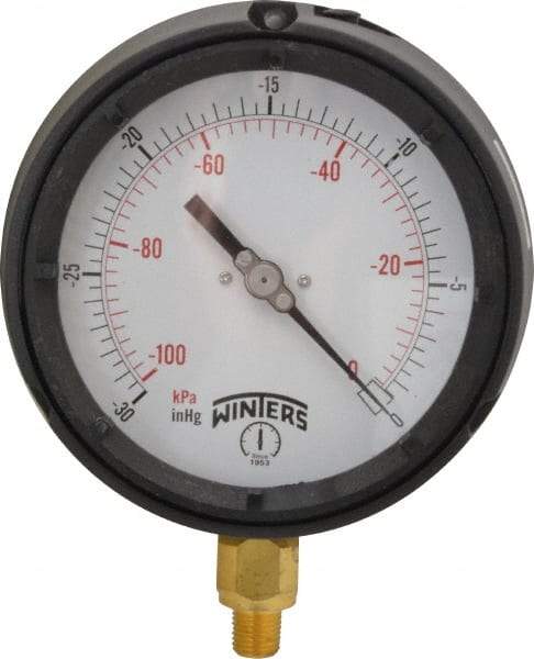 Winters - 4-1/2" Dial, 1/4 Thread, 30-0 Scale Range, Pressure Gauge - Lower Connection Mount, Accurate to 0.5% of Scale - Makers Industrial Supply