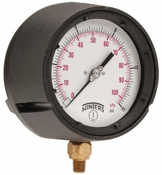 Winters - 4-1/2" Dial, 1/4 Thread, 0-15 Scale Range, Pressure Gauge - Lower Connection Mount, Accurate to 0.5% of Scale - Makers Industrial Supply