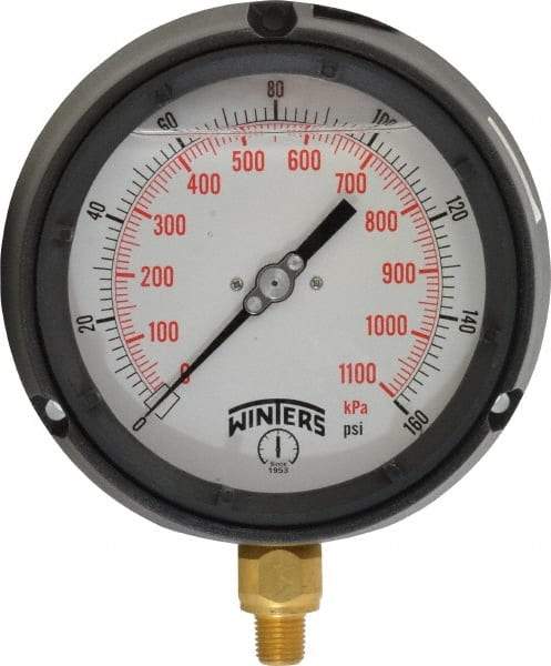 Winters - 4-1/2" Dial, 1/4 Thread, 0-160 Scale Range, Pressure Gauge - Lower Connection Mount, Accurate to 0.5% of Scale - Makers Industrial Supply