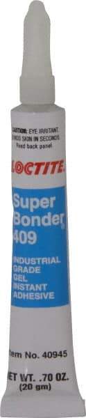 Loctite - 0.70 oz Tube Clear Instant Adhesive - Series 409, 75 sec Working Time, 24 hr Full Cure Time, Bonds to Metal, Plastic & Rubber - Makers Industrial Supply