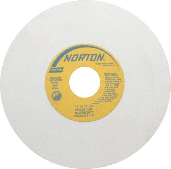 Norton - 7" Diam x 1-1/4" Hole x 1/4" Thick, L Hardness, 220 Grit Surface Grinding Wheel - Aluminum Oxide, Type 1, Very Fine Grade, 3,600 Max RPM, Vitrified Bond, No Recess - Makers Industrial Supply