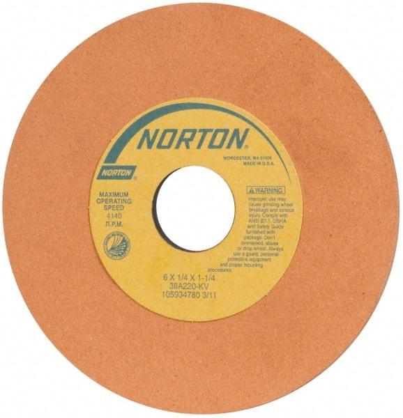 Norton - 6" Diam x 1-1/4" Hole x 1/4" Thick, K Hardness, 220 Grit Surface Grinding Wheel - Aluminum Oxide, Very Fine Grade, 4,140 Max RPM, Vitrified Bond - Makers Industrial Supply