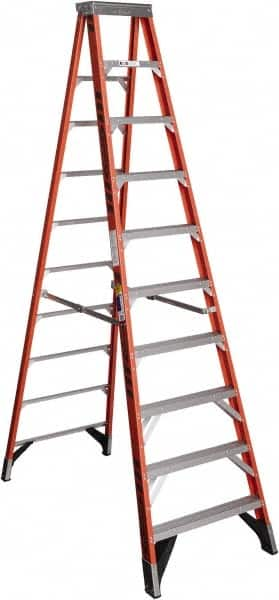 Werner - 9 Steps, 10' High, Type IAA Rating, Fiberglass Step Ladder - 375 Lb Capacity, 32" Base Width - Makers Industrial Supply