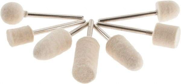 Value Collection - 7 Piece, 1/8" Shank Diam, Wool Felt Bob Set - Medium Density, Includes Ball, Cone, Cylinder, Flame, Olive & Oval Bobs - Makers Industrial Supply