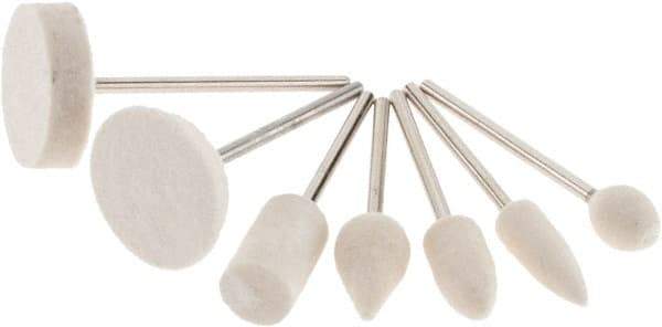 Value Collection - 7 Piece, 3/32" Shank Diam, Wool Felt Bob Set - Medium Density, Includes Ball, Cone, Cylinder, Flame, Olive & Oval Bobs - Makers Industrial Supply