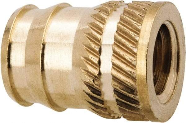 E-Z LOK - 1/4-20, 0.321" Small to 0.363" Large End Hole Diam, Brass Double Vane Tapered Hole Threaded Insert - 3/8" Insert, 0.332" Pilot Diam, 1/2" OAL, 0.194" Min Wall Thickness, 11/32" Drill, 0.194" Min Grip - Makers Industrial Supply