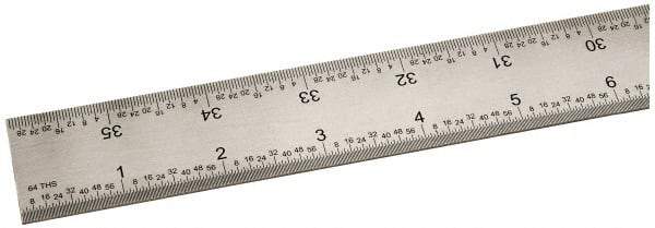 SPI - 36" Long, 1/100, 1/64, 1/32, 1/10" Graduation, Rigid Steel Rule - 5R Graduation Style, 1-1/4" Wide, Silver, Satin Chrome Finish - Makers Industrial Supply