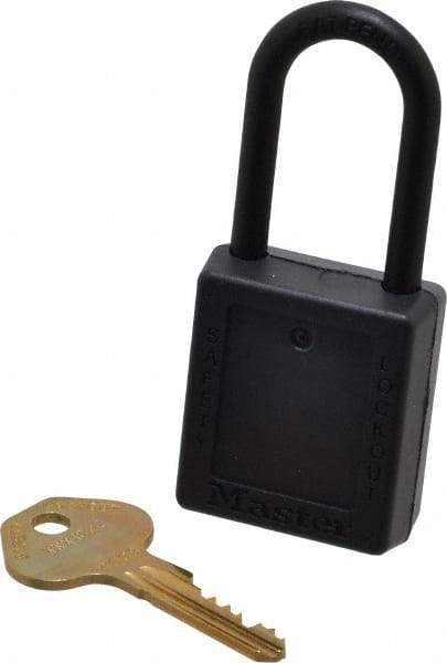 Master Lock - Keyed Different Nonconductive Lockout Padlock - 1-1/2" Shackle Clearance, 1/4" Shackle Diam, 1-3/4" Body Height x 1-1/2" Body Width, Black, 6 Pins - Makers Industrial Supply