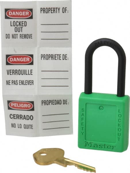 Master Lock - Keyed Different Nonconductive Lockout Padlock - 1-1/2" Shackle Clearance, 1/4" Shackle Diam, 1-3/4" Body Height x 1-1/2" Body Width, Green, 6 Pins - Makers Industrial Supply