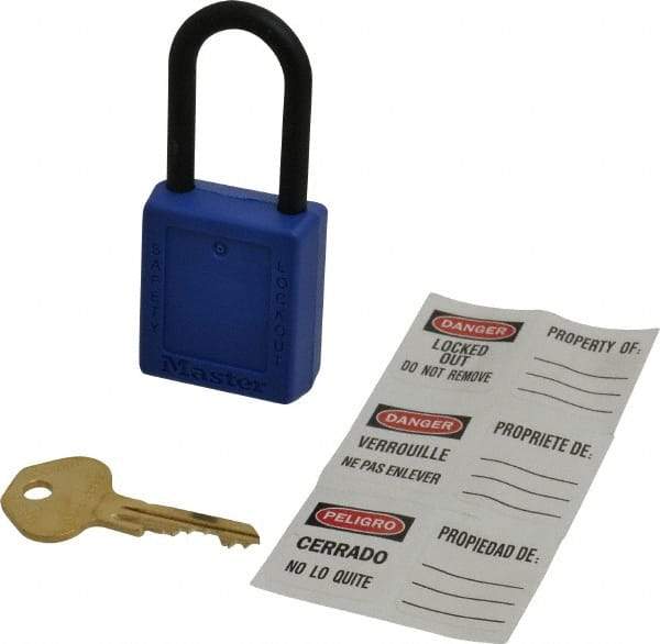 Master Lock - Keyed Alike Nonconductive Lockout Padlock - 1-1/2" Shackle Clearance, 1/4" Shackle Diam, 1-3/4" Body Height x 1-1/2" Body Width, Blue, 6 Pins - Makers Industrial Supply