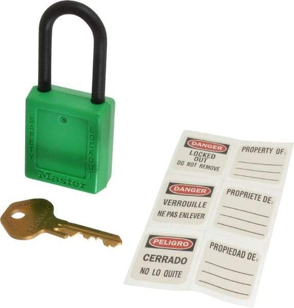 Master Lock - Keyed Alike Nonconductive Lockout Padlock - 1-1/2" Shackle Clearance, 1/4" Shackle Diam, 1-3/4" Body Height x 1-1/2" Body Width, Green, 6 Pins - Makers Industrial Supply