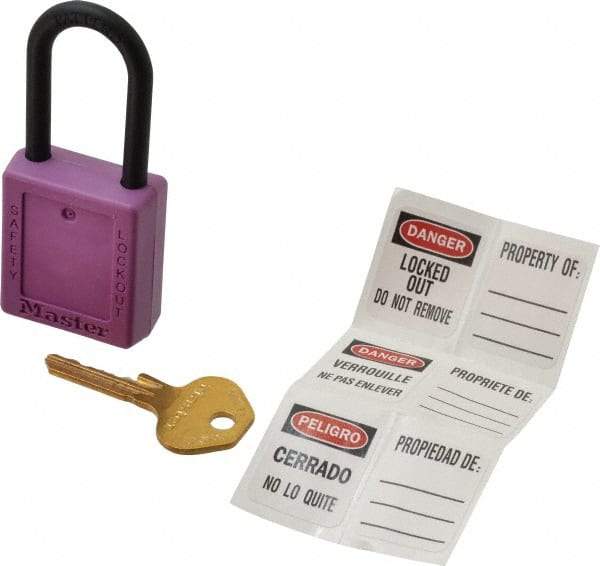 Master Lock - Keyed Alike Nonconductive Lockout Padlock - 1-1/2" Shackle Clearance, 1/4" Shackle Diam, 1-3/4" Body Height x 1-1/2" Body Width, Purple, 6 Pins - Makers Industrial Supply