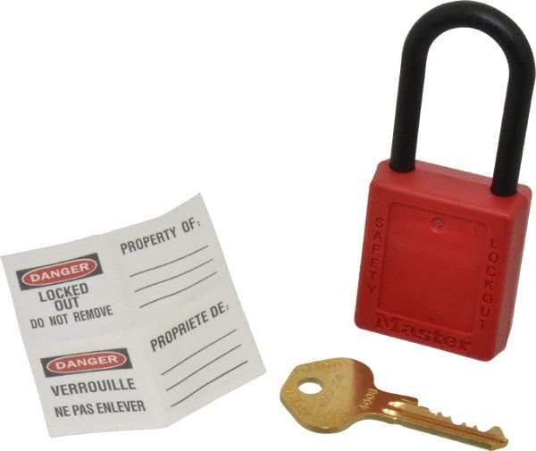 Master Lock - Keyed Alike Nonconductive Lockout Padlock - 1-1/2" Shackle Clearance, 1/4" Shackle Diam, 1-3/4" Body Height x 1-1/2" Body Width, Red, 6 Pins - Makers Industrial Supply