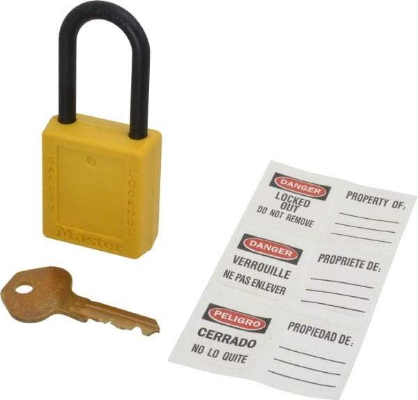 Master Lock - Keyed Alike Nonconductive Lockout Padlock - 1-1/2" Shackle Clearance, 1/4" Shackle Diam, 1-3/4" Body Height x 1-1/2" Body Width, Yellow, 6 Pins - Makers Industrial Supply