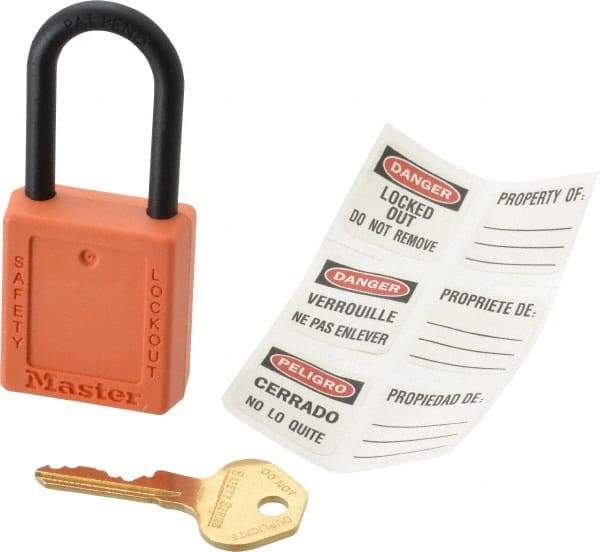 Master Lock - Keyed Different Nonconductive Lockout Padlock - 1-1/2" Shackle Clearance, 1/4" Shackle Diam, 1-3/4" Body Height x 1-1/2" Body Width, Orange, 6 Pins - Makers Industrial Supply