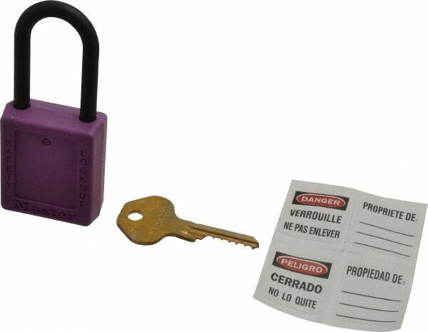 Master Lock - Keyed Different Nonconductive Lockout Padlock - 1-1/2" Shackle Clearance, 1/4" Shackle Diam, 1-3/4" Body Height x 1-1/2" Body Width, Purple, 6 Pins - Makers Industrial Supply