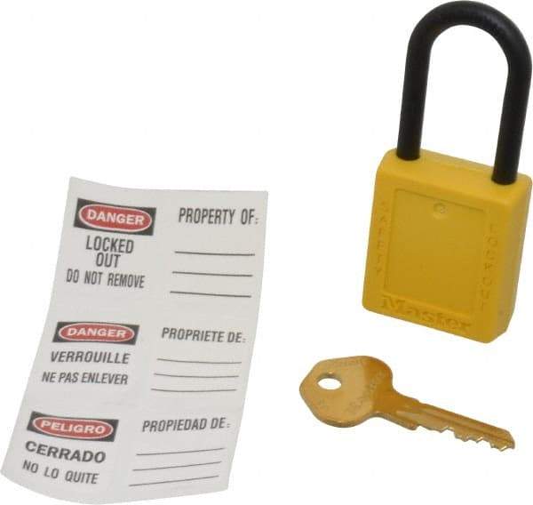 Master Lock - Keyed Different Nonconductive Lockout Padlock - 1-1/2" Shackle Clearance, 1/4" Shackle Diam, 1-3/4" Body Height x 1-1/2" Body Width, Yellow, 6 Pins - Makers Industrial Supply