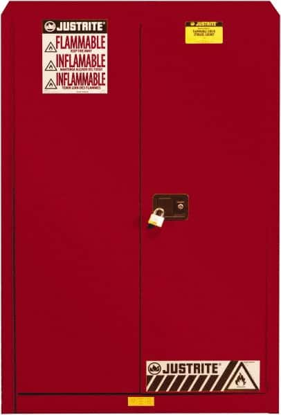 Justrite - 2 Door, 5 Shelf, Red Steel Standard Safety Cabinet for Flammable and Combustible Liquids - 65" High x 43" Wide x 18" Deep, Self Closing Door, 3 Point Key Lock, 60 Gal Capacity - Makers Industrial Supply