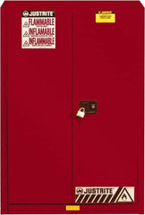 Justrite - 2 Door, 5 Shelf, Red Steel Standard Safety Cabinet for Flammable and Combustible Liquids - 65" High x 43" Wide x 18" Deep, Self Closing Door, 3 Point Key Lock, 60 Gal Capacity - Makers Industrial Supply