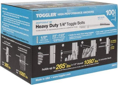 Toggler - 1/4" Screw, 6-1/4" Long, 3/8 to 3-5/8" Thick, Toggle Bolt Drywall & Hollow Wall Anchor - 1/4 - 20" Thread, 1/2" Drill, Zinc Plated, Steel, Grade 1010, Use in Drywall - Makers Industrial Supply