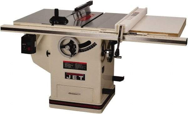 Jet - 10" Blade Diam, 5/8" Arbor Diam, 1 Phase Table Saw - 5 hp, 65" Wide x 36" Deep x 38" High, 230 Volt, 3" Cutting Depth - Makers Industrial Supply