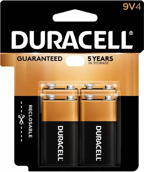 Duracell - Size 9V, Alkaline, 4 Pack, Standard Battery - 9 Volts, Snap Terminal - Makers Industrial Supply