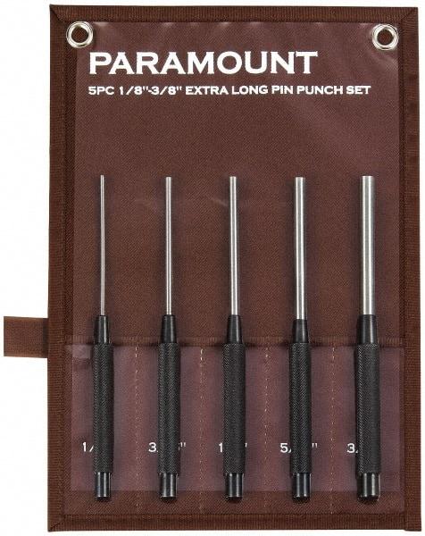 Paramount - 5 Piece, 1/8 to 3/8", Pin Punch Set - Round Shank, Steel, Comes in Canvas Roll - Makers Industrial Supply