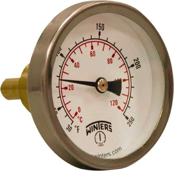 Winters - 30 to 250°F, Industrial Thermometer with Standard Thermowell - 1 Inch Immersion Length, 2.012 Inch Stem Length, 2 Inch Long, 3/4 Inch Thread - Makers Industrial Supply