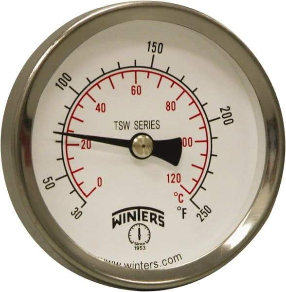 Winters - 30 to 250°F, Industrial Thermometer with Standard Thermowell - 1 Inch Immersion Length, 1.61 Inch Stem Length, 2 Inch Long, 1/2 Inch Thread - Makers Industrial Supply