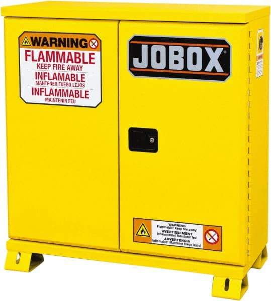 Jobox - 2 Door, 1 Shelf, Yellow Steel Standard Safety Cabinet for Flammable and Combustible Liquids - 49" High x 46-3/32" Wide x 19-5/8" Deep, Manual Closing Door, 30 Gal Capacity - Makers Industrial Supply