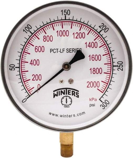 Winters - 4-1/2" Dial, 1/4 Thread, 0-300 Scale Range, Pressure Gauge - Lower Connection Mount, Accurate to 0.01% of Scale - Makers Industrial Supply