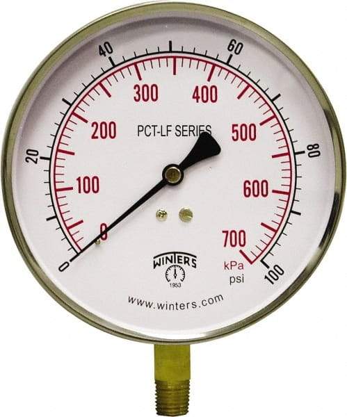 Winters - 4-1/2" Dial, 1/4 Thread, 0-100 Scale Range, Pressure Gauge - Lower Connection Mount, Accurate to 0.01% of Scale - Makers Industrial Supply