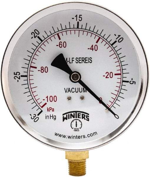 Winters - 4" Dial, 1/4 Thread, 30" HG Vac Scale Range, Pressure Gauge - Lower Connection Mount, Accurate to 3-2-3% of Scale - Makers Industrial Supply