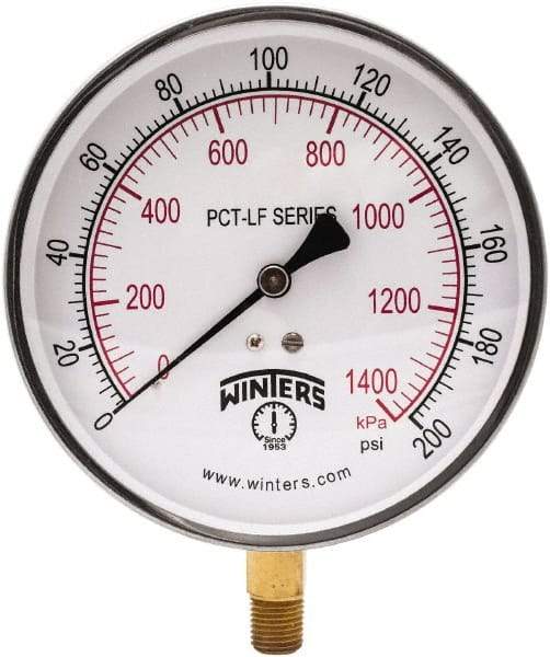 Winters - 4-1/2" Dial, 1/4 Thread, 0-200 Scale Range, Pressure Gauge - Lower Connection Mount, Accurate to 0.01% of Scale - Makers Industrial Supply