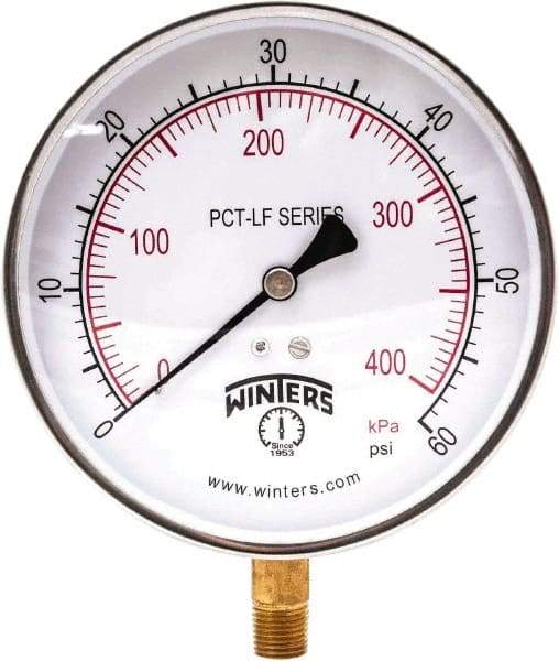 Winters - 4-1/2" Dial, 1/4 Thread, 0-60 Scale Range, Pressure Gauge - Lower Connection Mount, Accurate to 0.01% of Scale - Makers Industrial Supply