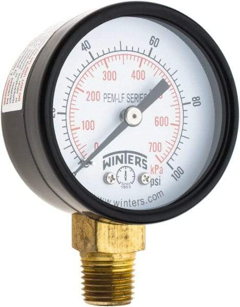 Winters - 2" Dial, 1/4 Thread, 0-100 Scale Range, Pressure Gauge - Lower Connection Mount, Accurate to 3-2-3% of Scale - Makers Industrial Supply