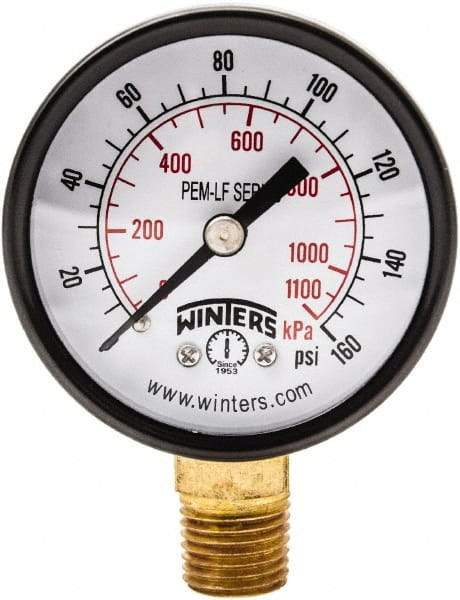 Winters - 2" Dial, 1/4 Thread, 0-160 Scale Range, Pressure Gauge - Lower Connection Mount, Accurate to 3-2-3% of Scale - Makers Industrial Supply