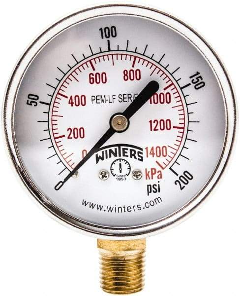 Winters - 2-1/2" Dial, 1/4 Thread, 0-200 Scale Range, Pressure Gauge - Lower Connection Mount, Accurate to 3-2-3% of Scale - Makers Industrial Supply