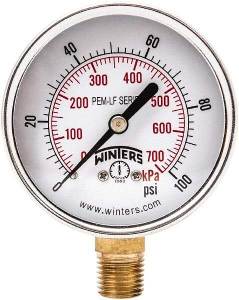 Winters - 2-1/2" Dial, 1/4 Thread, 0-100 Scale Range, Pressure Gauge - Lower Connection Mount, Accurate to 3-2-3% of Scale - Makers Industrial Supply