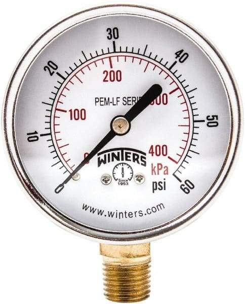 Winters - 2-1/2" Dial, 1/4 Thread, 0-60 Scale Range, Pressure Gauge - Lower Connection Mount, Accurate to 3-2-3% of Scale - Makers Industrial Supply