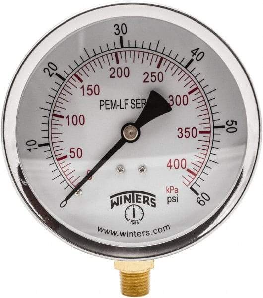 Winters - 4" Dial, 1/4 Thread, 0-60 Scale Range, Pressure Gauge - Lower Connection Mount, Accurate to 3-2-3% of Scale - Makers Industrial Supply