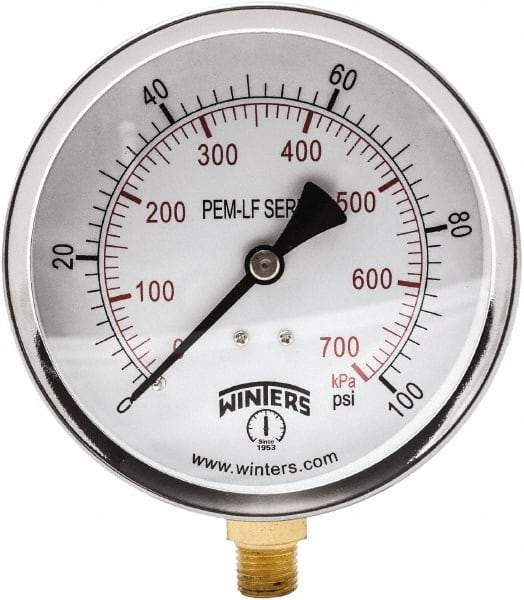 Winters - 4" Dial, 1/4 Thread, 0-100 Scale Range, Pressure Gauge - Lower Connection Mount, Accurate to 3-2-3% of Scale - Makers Industrial Supply