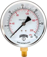 Winters - 4" Dial, 1/4 Thread, 0-30 Scale Range, Pressure Gauge - Lower Connection Mount, Accurate to 3-2-3% of Scale - Makers Industrial Supply