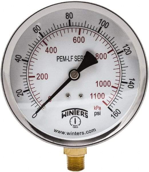 Winters - 4" Dial, 1/4 Thread, 0-160 Scale Range, Pressure Gauge - Lower Connection Mount, Accurate to 3-2-3% of Scale - Makers Industrial Supply