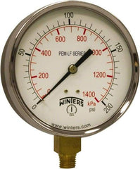 Winters - 4" Dial, 1/4 Thread, 0-200 Scale Range, Pressure Gauge - Lower Connection Mount, Accurate to 3-2-3% of Scale - Makers Industrial Supply